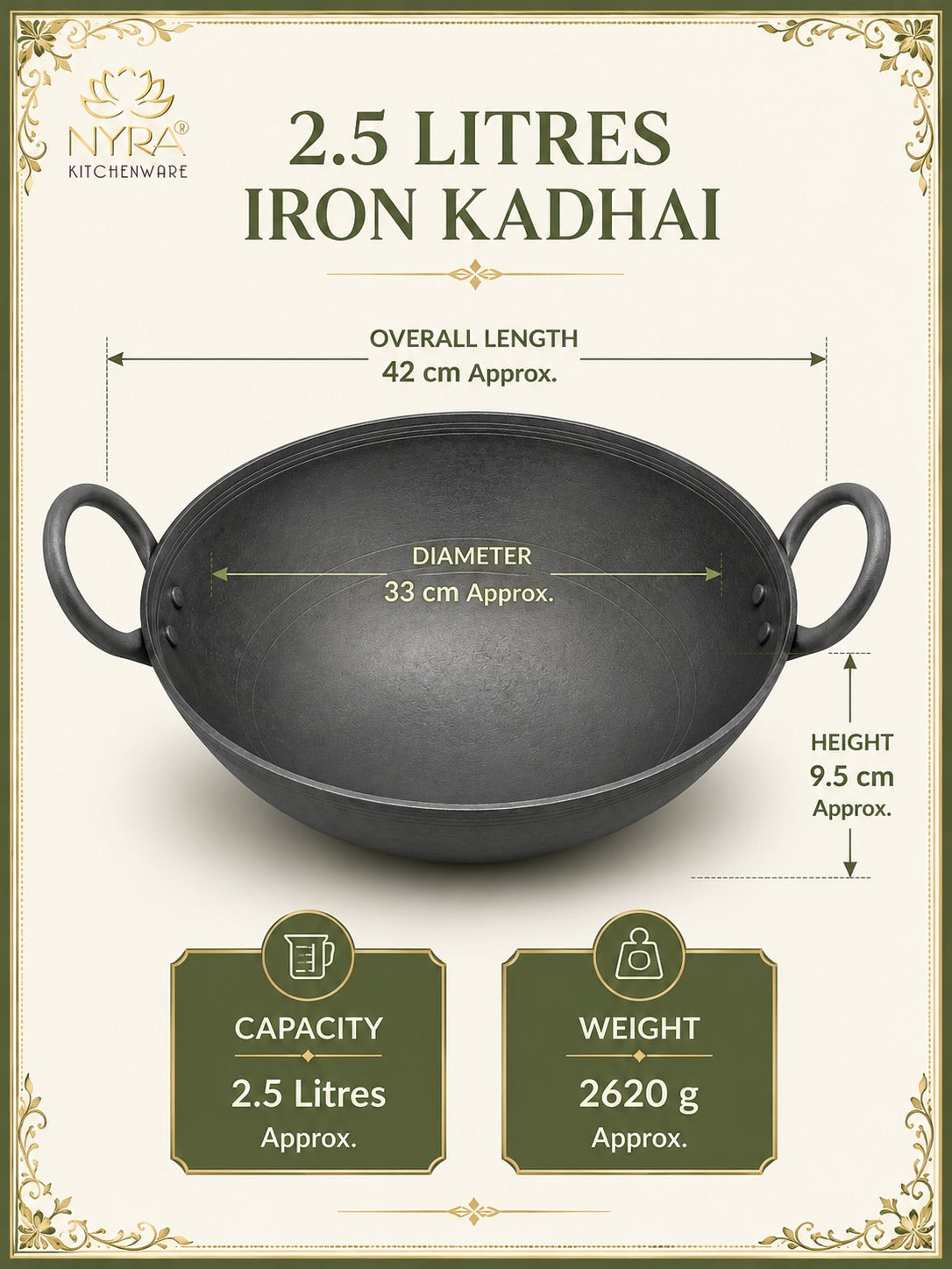 Traditional Black Iron Wok/Kadhai with Sturdy Handle - 4 Sizes