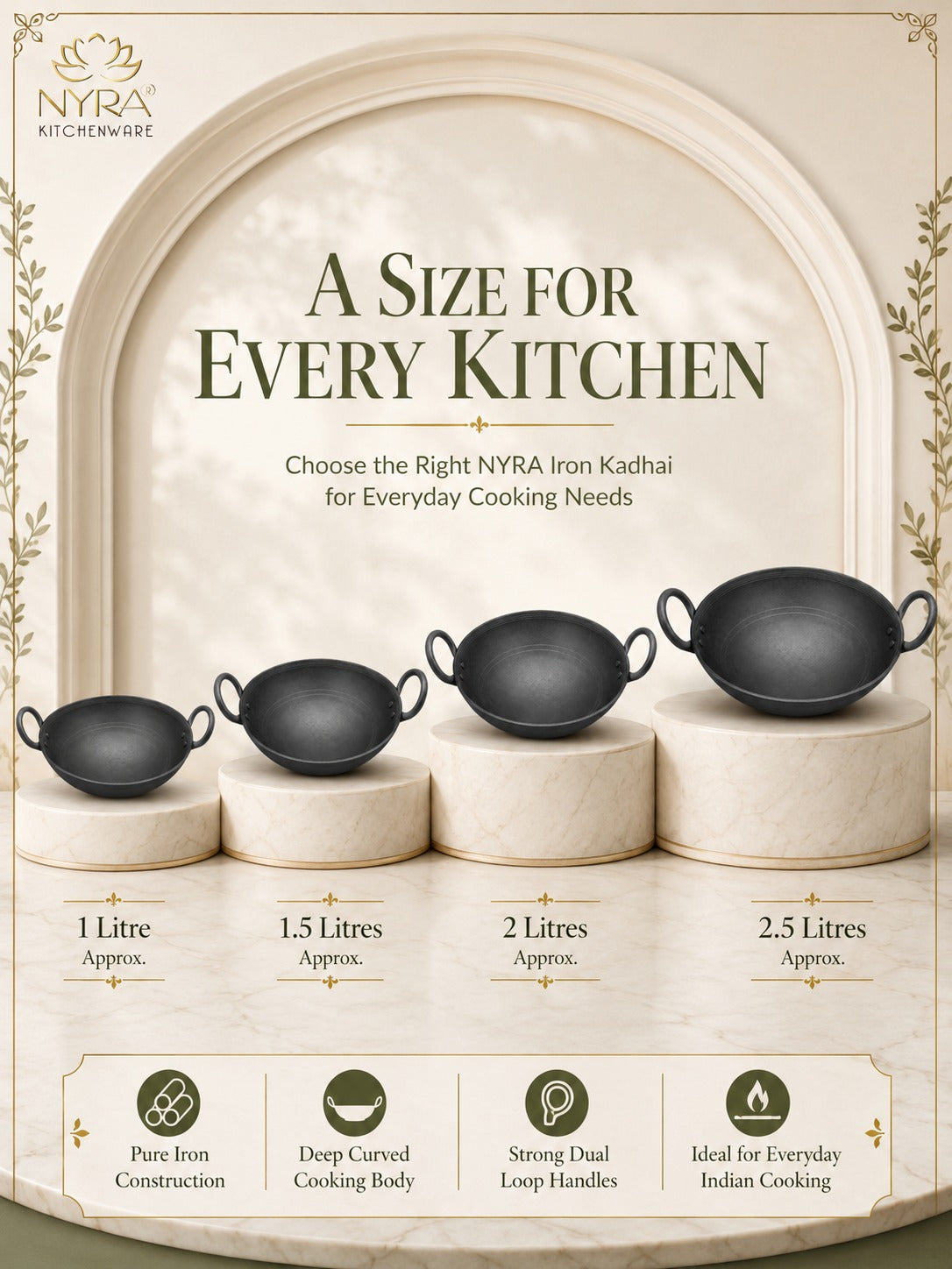 Traditional Black Iron Wok/Kadhai with Sturdy Handle - 4 Sizes