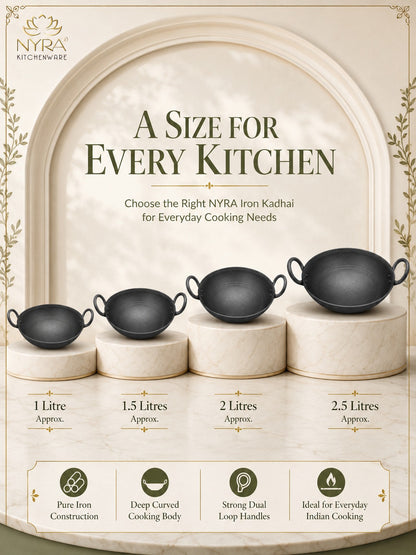 Traditional Black Iron Wok/Kadhai with Sturdy Handle - 4 Sizes