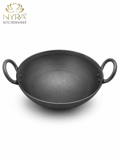 Traditional Black Iron Wok/Kadhai with Sturdy Handle - 4 Sizes