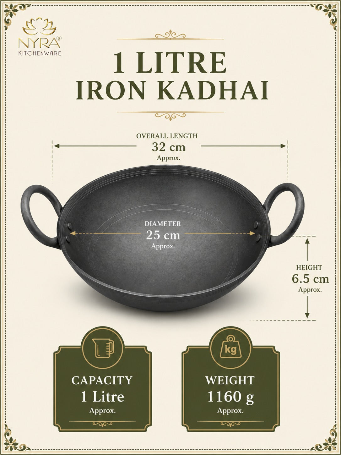 Traditional Black Iron Wok/Kadhai with Sturdy Handle - 4 Sizes