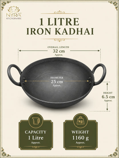 Traditional Black Iron Wok/Kadhai with Sturdy Handle - 4 Sizes