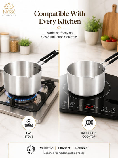 Aluminum Induction Sauce Pan with Steel Lid, Riveted PVC Handle & Swivel Hook