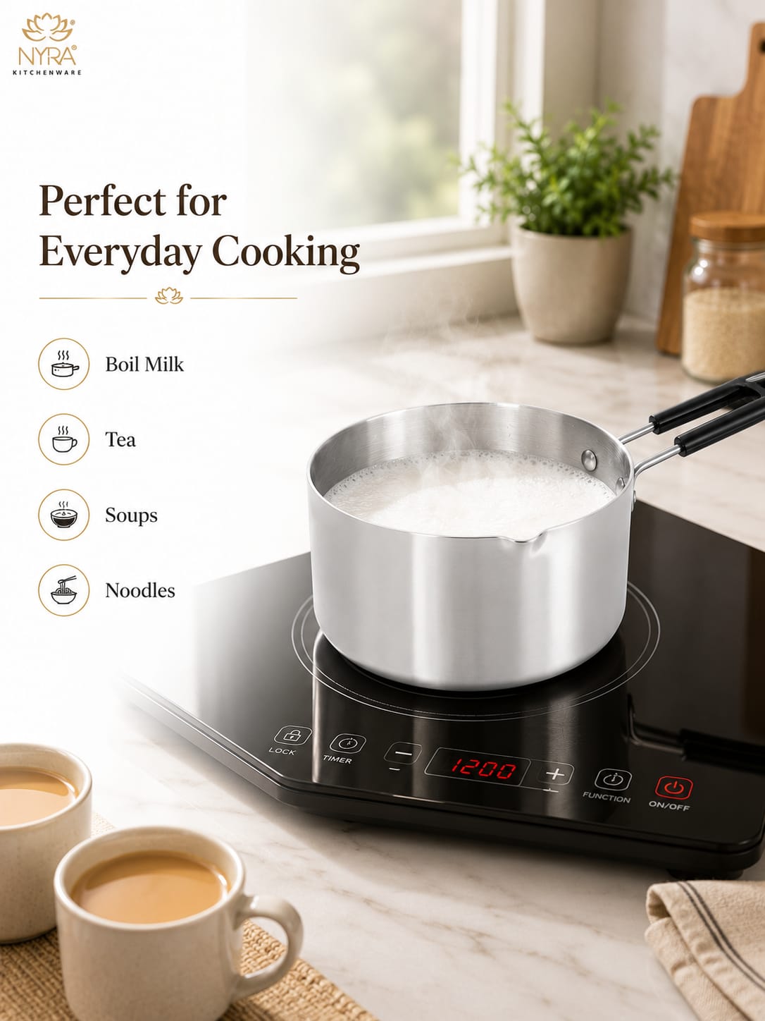 Aluminum Induction Sauce Pan with Steel Lid, Riveted PVC Handle & Swivel Hook