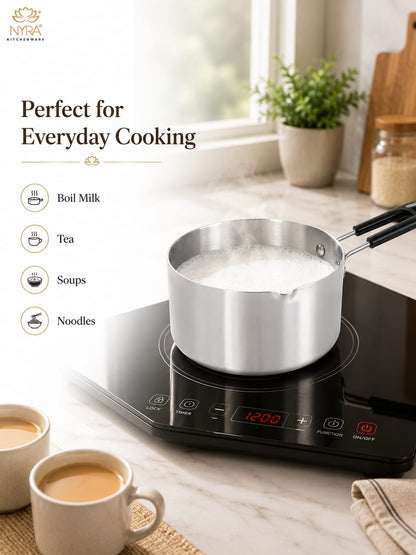 Aluminum Induction Sauce Pan with Steel Lid, Riveted PVC Handle & Swivel Hook