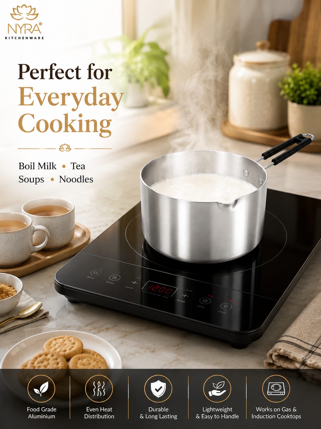 Aluminum Induction Sauce Pan with Steel Lid, Riveted PVC Handle & Swivel Hook