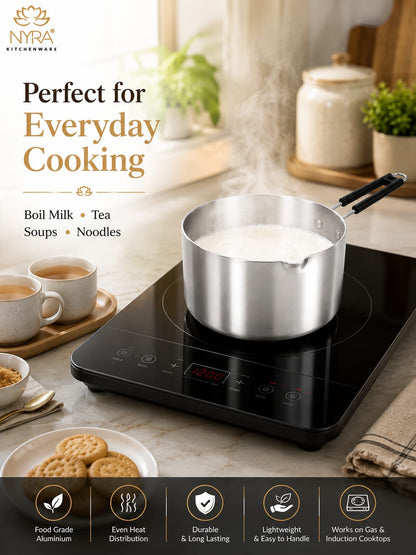 Aluminum Induction Sauce Pan with Steel Lid, Riveted PVC Handle & Swivel Hook