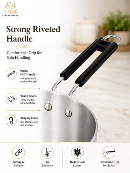 Aluminum Induction Sauce Pan with Steel Lid, Riveted PVC Handle & Swivel Hook