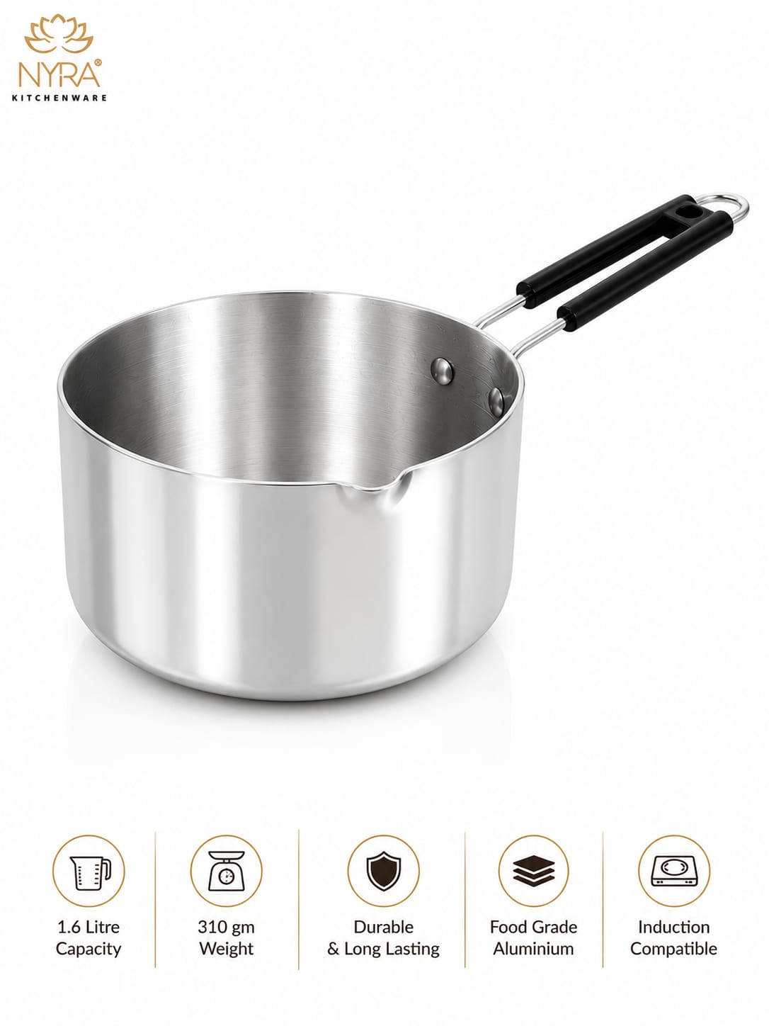 Aluminum Induction Sauce Pan with Steel Lid, Riveted PVC Handle & Swivel Hook