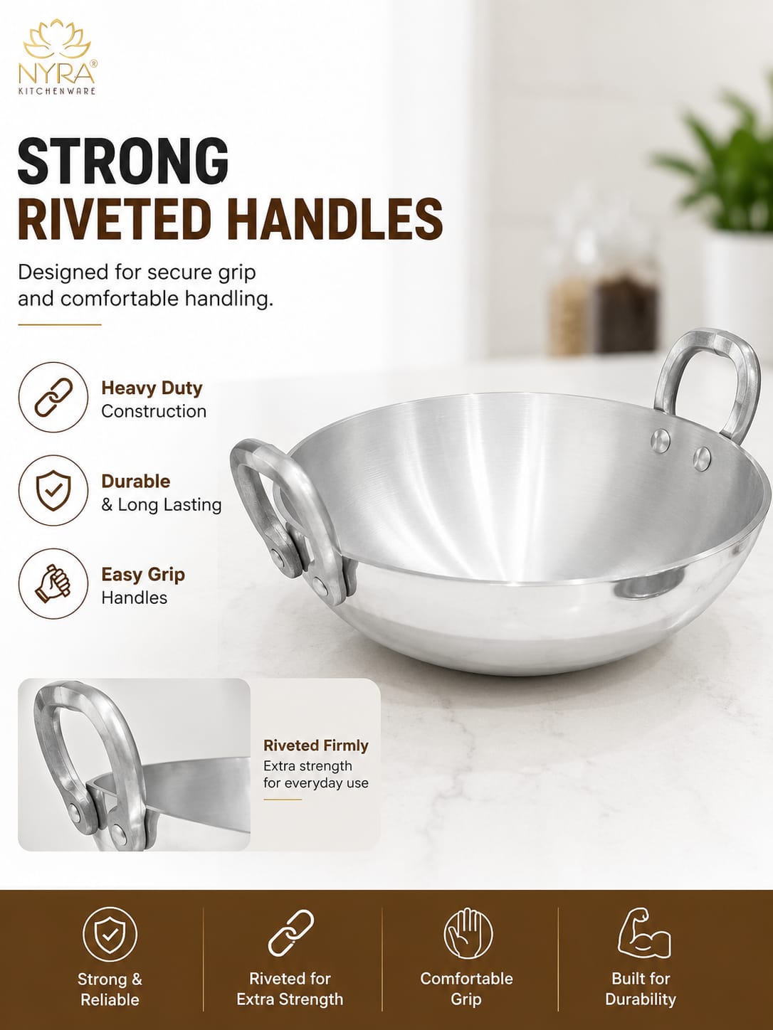 Aluminium Wok/Kadhai with Sturdy Handle - 4 Sizes