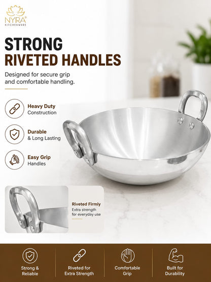 Aluminium Wok/Kadhai with Sturdy Handle - 4 Sizes