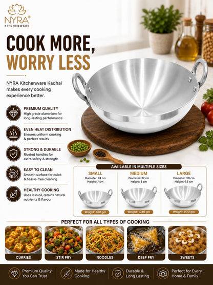 Aluminium Wok/Kadhai with Sturdy Handle - 4 Sizes
