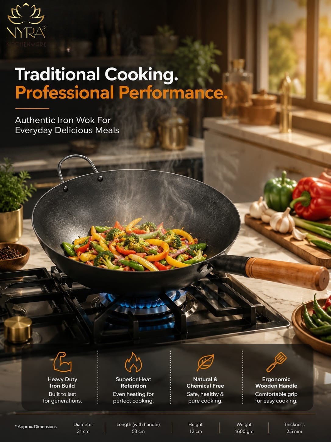 Traditional Loha Kadhai (Iron Wok) with Wooden Handle | Pre-Seasoned for Chinese Cooking