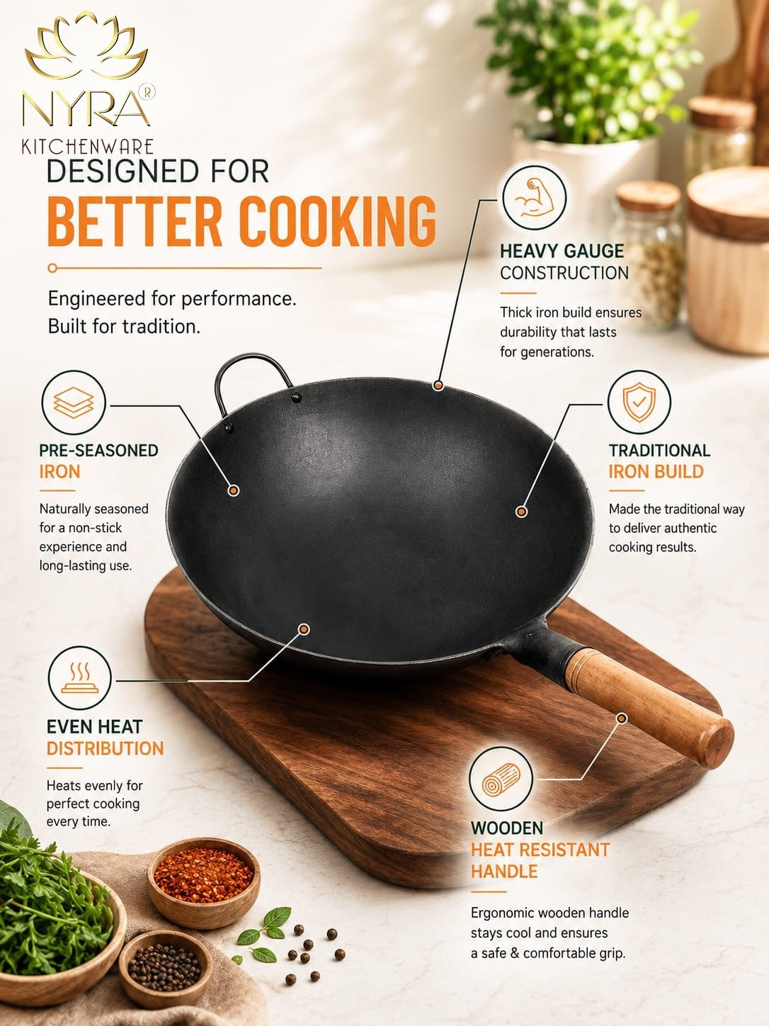 Traditional Loha Kadhai (Iron Wok) with Wooden Handle | Pre-Seasoned for Chinese Cooking