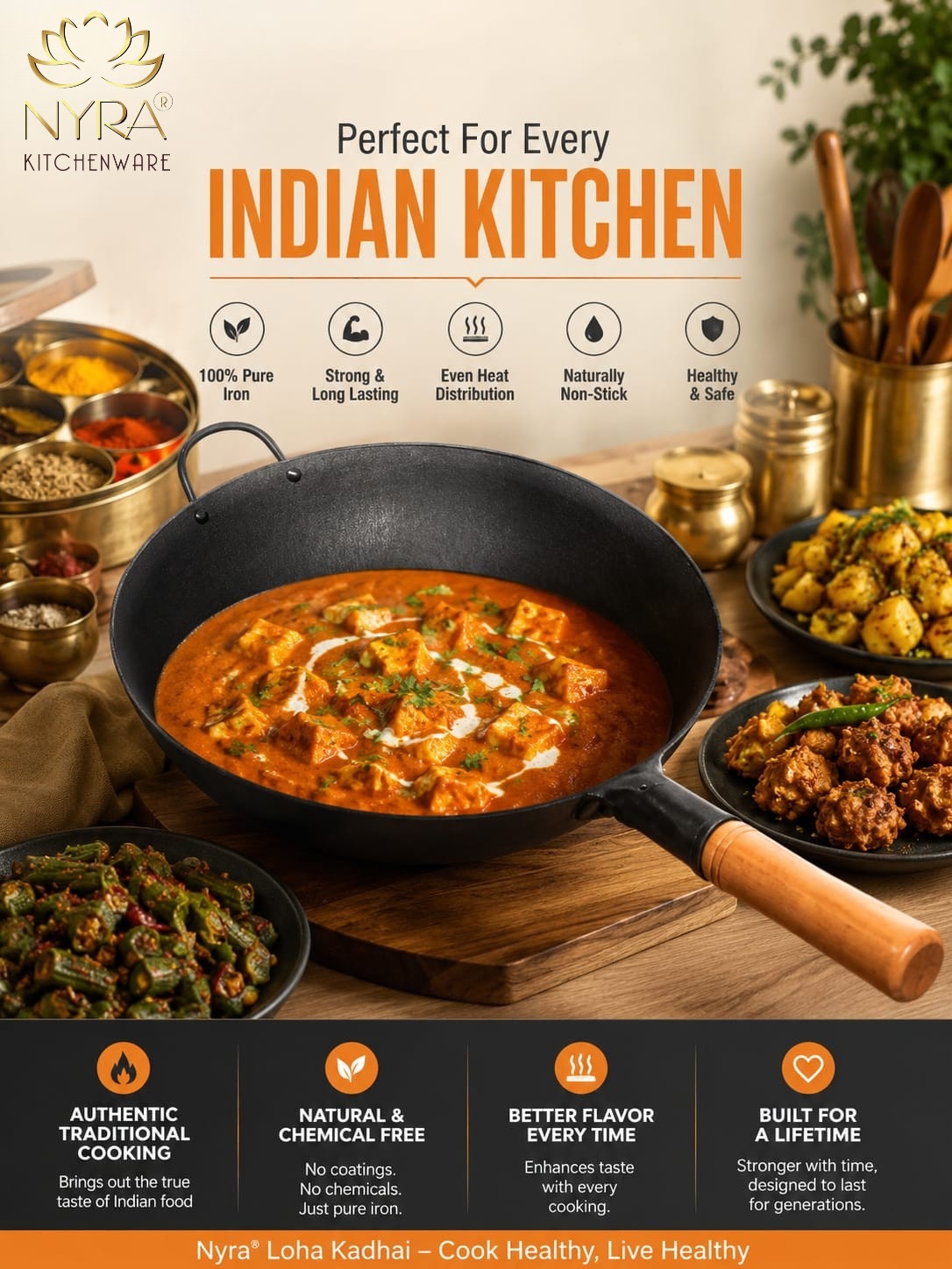 Traditional Loha Kadhai (Iron Wok) with Wooden Handle | Pre-Seasoned for Chinese Cooking