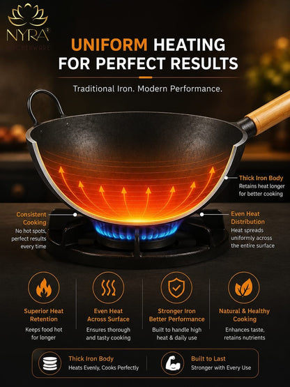 Traditional Loha Kadhai (Iron Wok) with Wooden Handle | Pre-Seasoned for Chinese Cooking