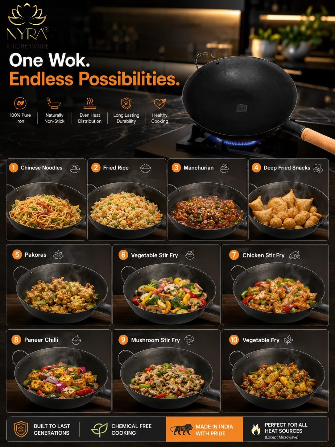 Traditional Loha Kadhai (Iron Wok) with Wooden Handle | Pre-Seasoned for Chinese Cooking