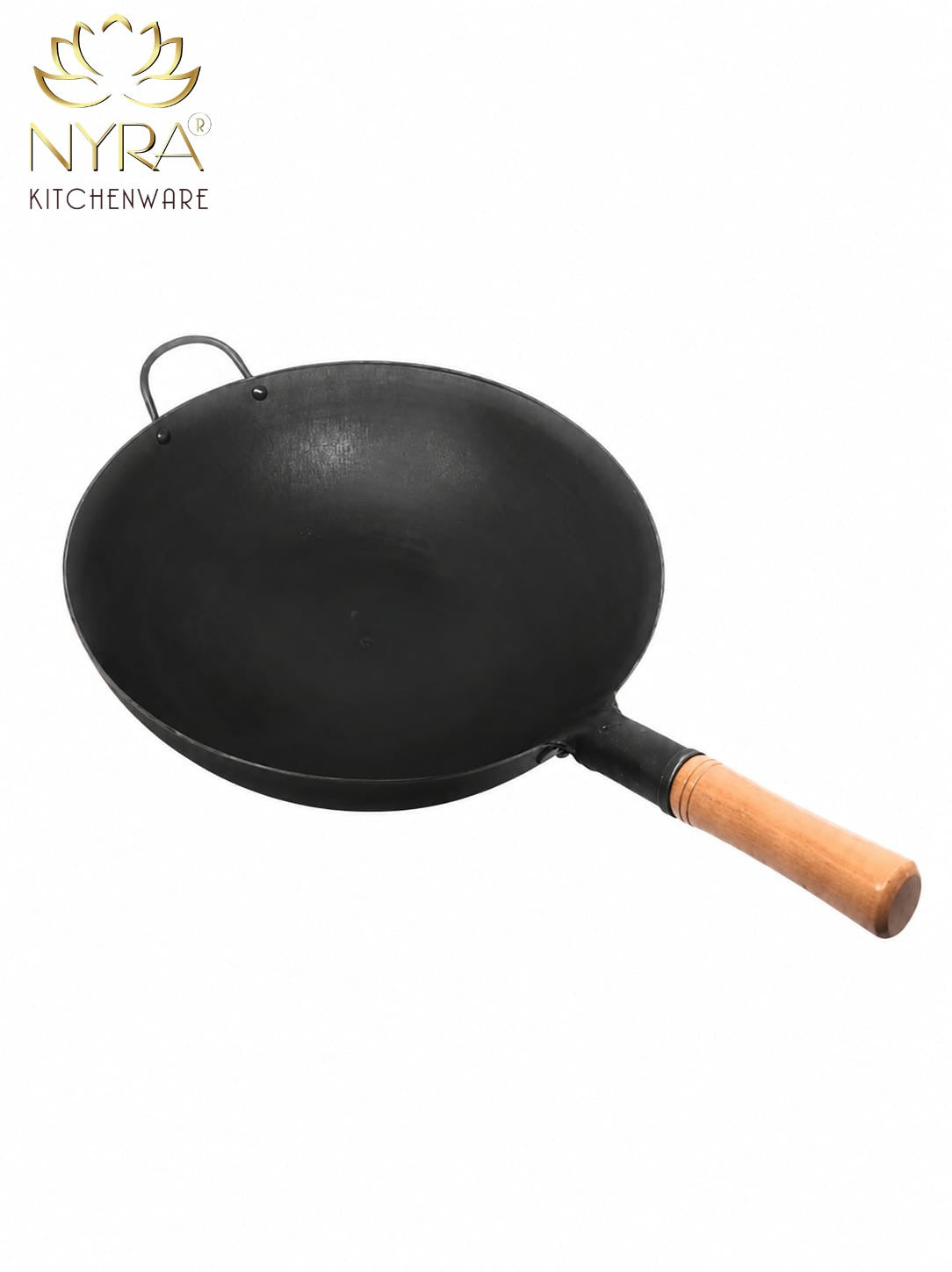 Traditional Loha Kadhai (Iron Wok) with Wooden Handle | Pre-Seasoned for Chinese Cooking