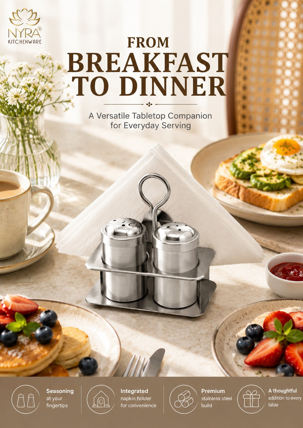 Stainless Steel Salt Pepper Sprinkler with Napkin Holder