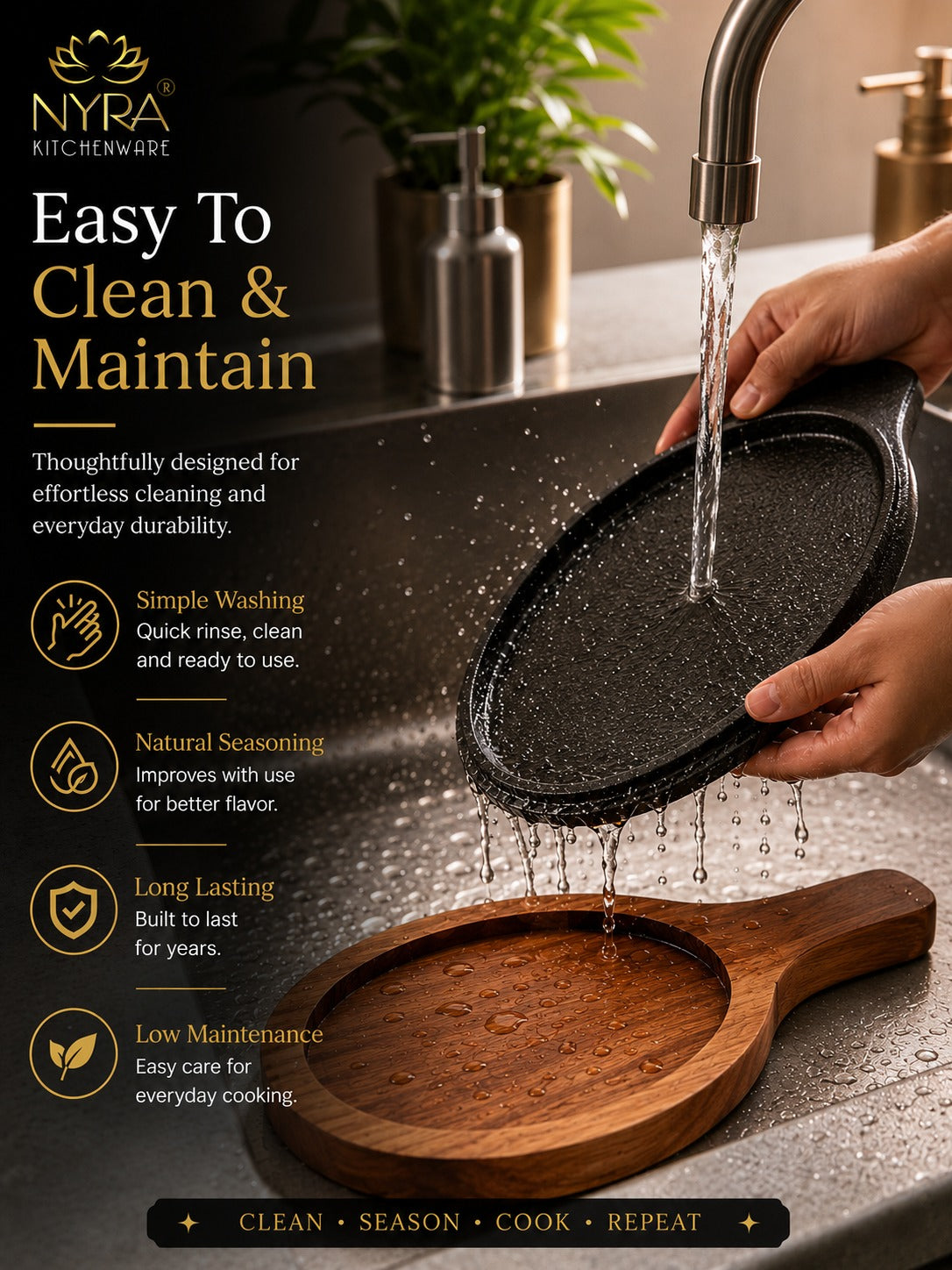 Cast Iron Sizzler Platter with Wood Trivet | Oven-Safe Tabletop Serving