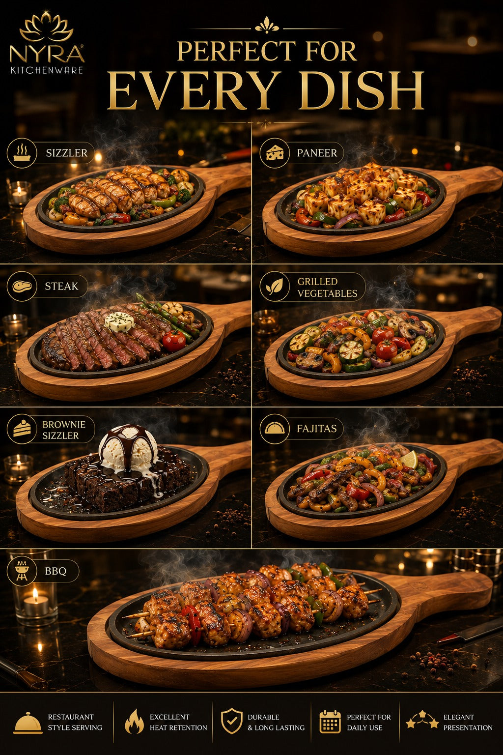 Cast Iron Sizzler Platter with Wood Trivet | Oven-Safe Tabletop Serving