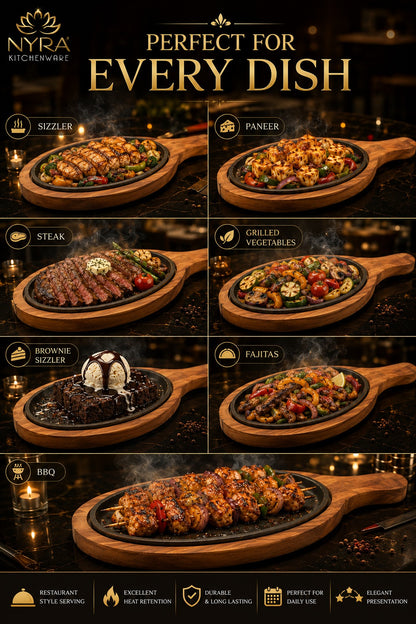 Cast Iron Sizzler Platter with Wood Trivet | Oven-Safe Tabletop Serving