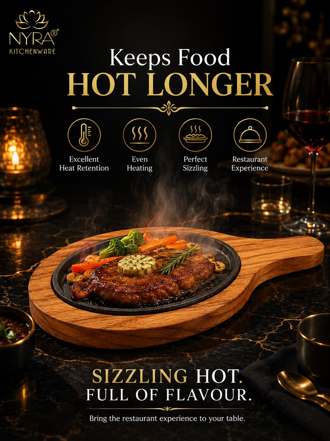 Cast Iron Sizzler Platter with Wood Trivet | Oven-Safe Tabletop Serving
