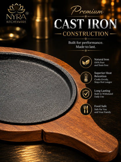 Cast Iron Sizzler Platter with Wood Trivet | Oven-Safe Tabletop Serving