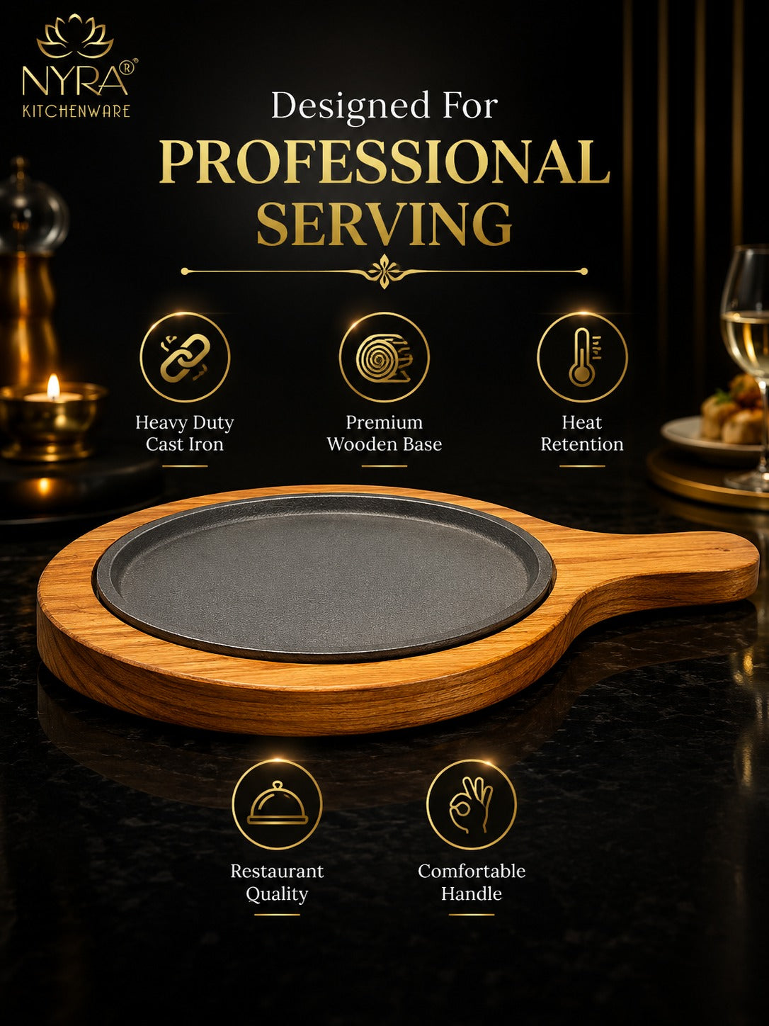 Cast Iron Sizzler Platter with Wood Trivet | Oven-Safe Tabletop Serving