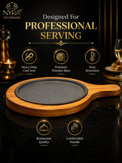 Cast Iron Sizzler Platter with Wood Trivet | Oven-Safe Tabletop Serving