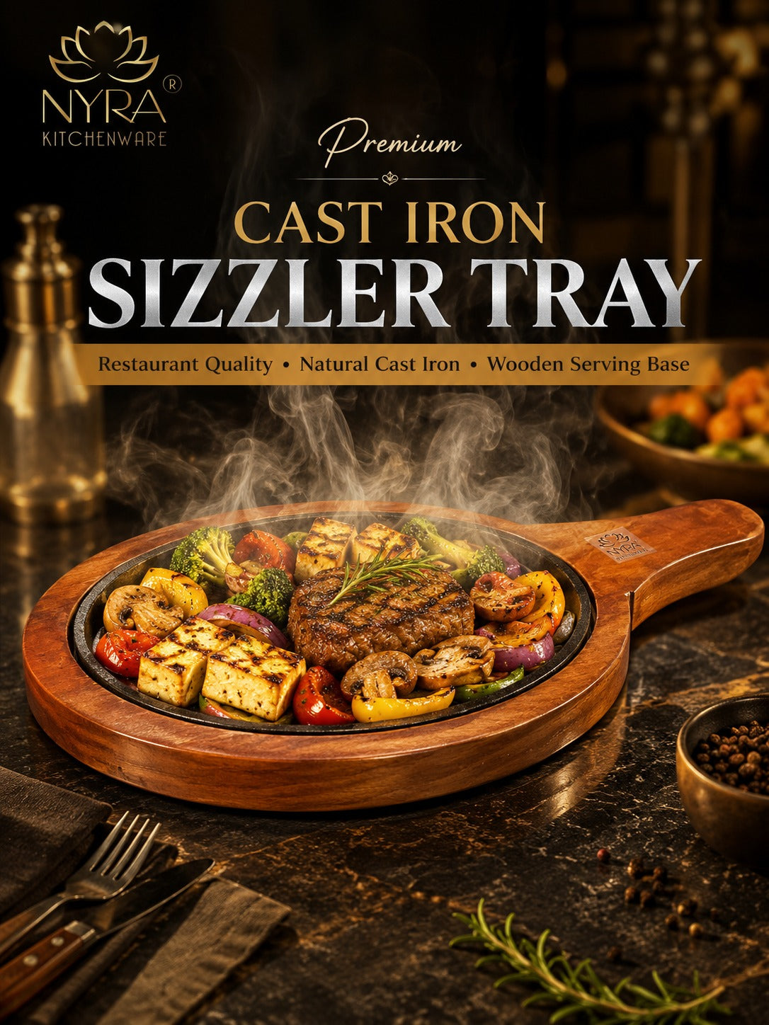 Cast Iron Sizzler Platter with Wood Trivet | Oven-Safe Tabletop Serving