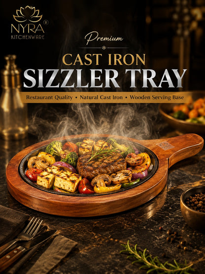 Cast Iron Sizzler Platter with Wood Trivet | Oven-Safe Tabletop Serving