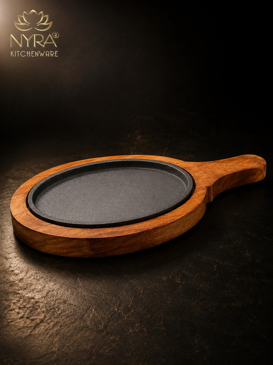 Cast Iron Sizzler Platter with Wood Trivet | Oven-Safe Tabletop Serving