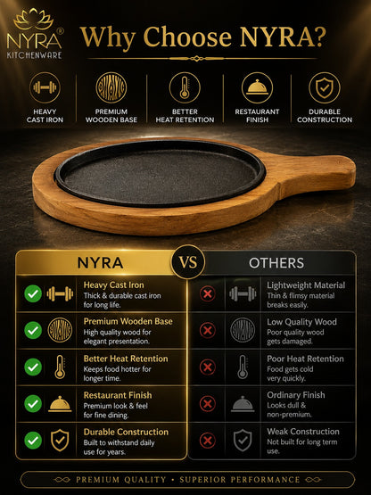 Cast Iron Sizzler Platter with Wood Trivet | Oven-Safe Tabletop Serving