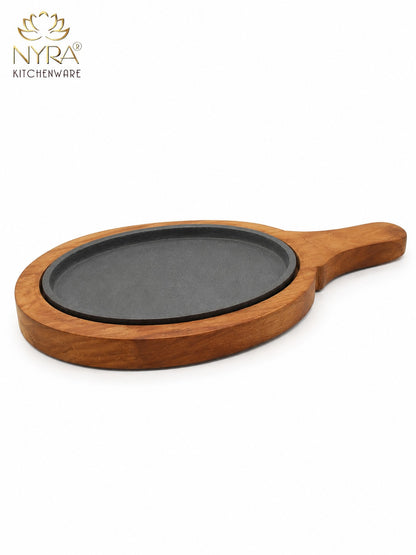 Cast Iron Sizzler Platter with Wood Trivet | Oven-Safe Tabletop Serving