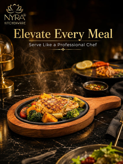 Cast Iron Sizzler Platter with Wood Trivet | Oven-Safe Tabletop Serving