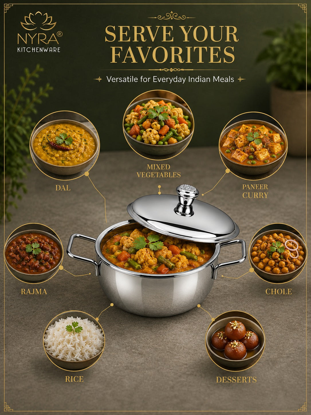 Stainless Steel Heavy Gauge Serving Vegetable Handi with Lid (Set of 2) | Food Grade Mirror Finish Curry Bowls for Dal, Sabzi, Rice & Biryani | Kitchen Serving Bowl Set |