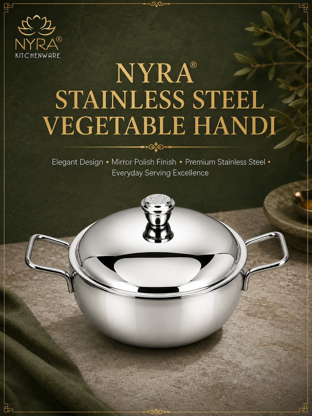 Stainless Steel Heavy Gauge Serving Vegetable Handi with Lid (Set of 2) | Food Grade Mirror Finish Curry Bowls for Dal, Sabzi, Rice & Biryani | Kitchen Serving Bowl Set |