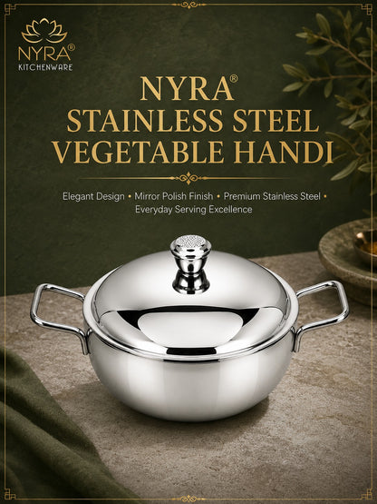 Stainless Steel Heavy Gauge Serving Vegetable Handi with Lid (Set of 2) | Food Grade Mirror Finish Curry Bowls for Dal, Sabzi, Rice & Biryani | Kitchen Serving Bowl Set |