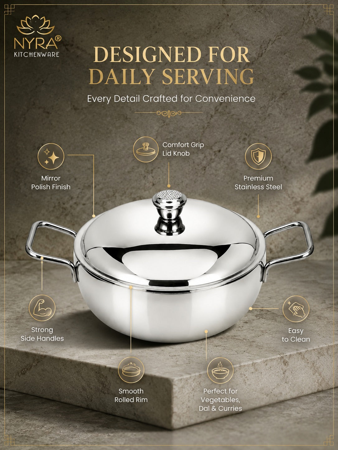 Stainless Steel Heavy Gauge Serving Vegetable Handi with Lid (Set of 2) | Food Grade Mirror Finish Curry Bowls for Dal, Sabzi, Rice & Biryani | Kitchen Serving Bowl Set |