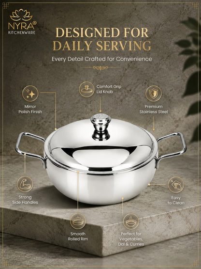 Stainless Steel Heavy Gauge Serving Vegetable Handi with Lid (Set of 2) | Food Grade Mirror Finish Curry Bowls for Dal, Sabzi, Rice & Biryani | Kitchen Serving Bowl Set |