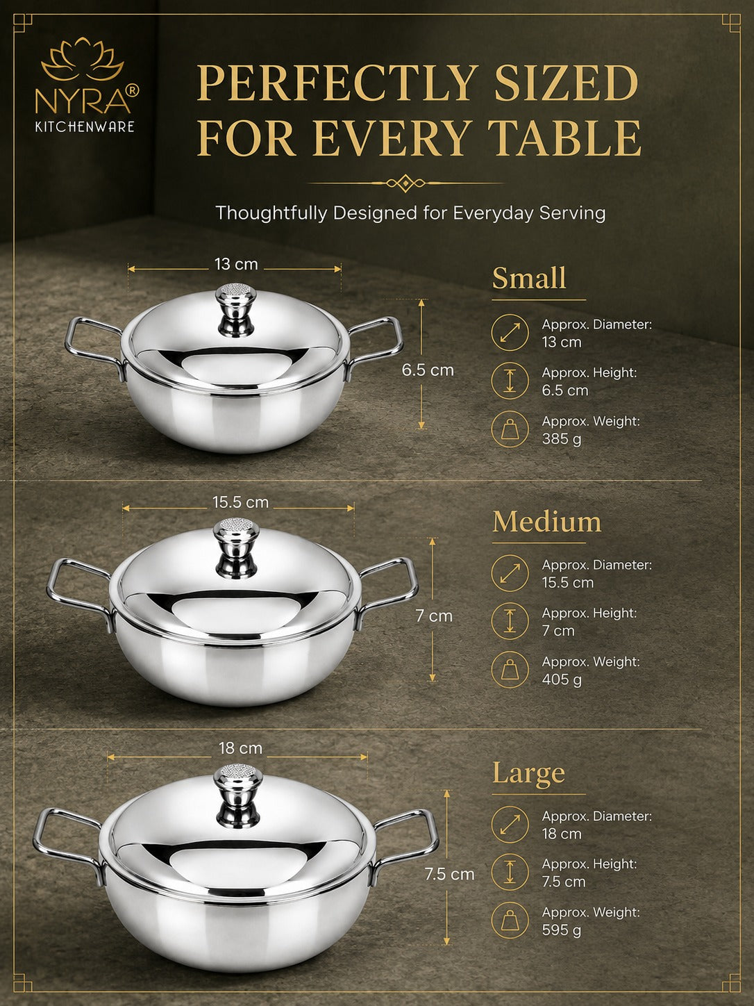 Stainless Steel Heavy Gauge Serving Vegetable Handi with Lid | Food Grade Mirror Finish - Kitchen Serving Bowl | Available in 650 ml, 1 L & 1.5 L