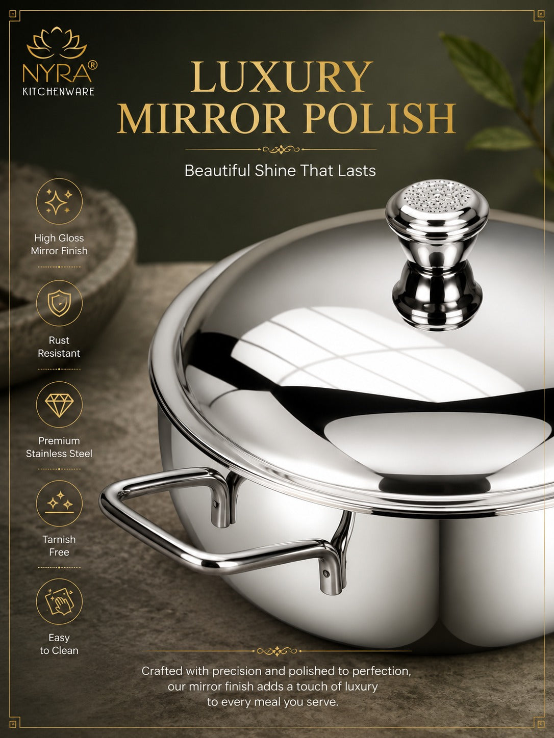 Stainless Steel Heavy Gauge Serving Vegetable Handi with Lid (Set of 2) | Food Grade Mirror Finish Curry Bowls for Dal, Sabzi, Rice & Biryani | Kitchen Serving Bowl Set |