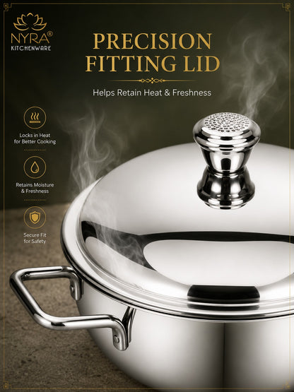 Stainless Steel Heavy Gauge Serving Vegetable Handi with Lid (Set of 2) | Food Grade Mirror Finish Curry Bowls for Dal, Sabzi, Rice & Biryani | Kitchen Serving Bowl Set |