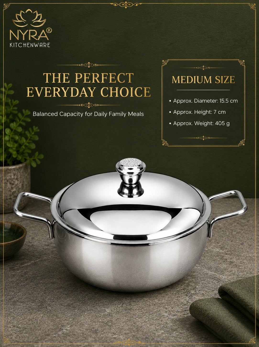 Stainless Steel Heavy Gauge Serving Vegetable Handi with Lid | Food Grade Mirror Finish - Kitchen Serving Bowl | Available in 650 ml, 1 L & 1.5 L