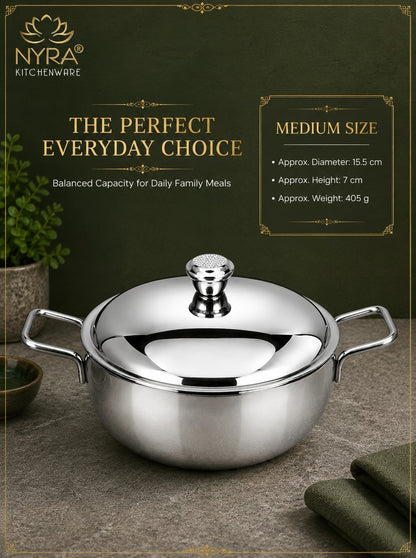 Stainless Steel Heavy Gauge Serving Vegetable Handi with Lid | Food Grade Mirror Finish - Kitchen Serving Bowl | Available in 650 ml, 1 L & 1.5 L