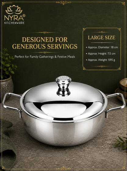Stainless Steel Heavy Gauge Serving Vegetable Handi with Lid | Food Grade Mirror Finish - Kitchen Serving Bowl | Available in 650 ml, 1 L & 1.5 L