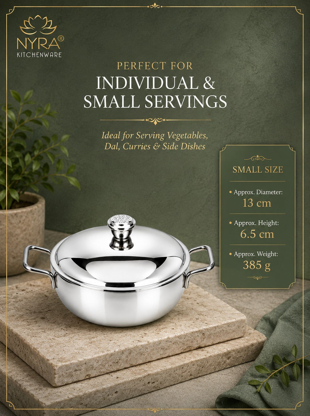 Stainless Steel Heavy Gauge Serving Vegetable Handi with Lid | Food Grade Mirror Finish - Kitchen Serving Bowl | Available in 650 ml, 1 L & 1.5 L