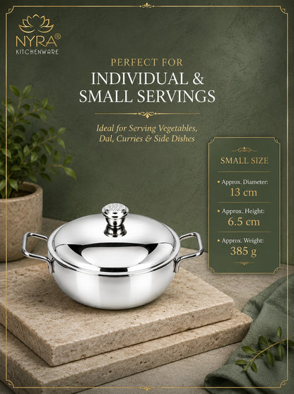 Stainless Steel Heavy Gauge Serving Vegetable Handi with Lid | Food Grade Mirror Finish - Kitchen Serving Bowl | Available in 650 ml, 1 L & 1.5 L
