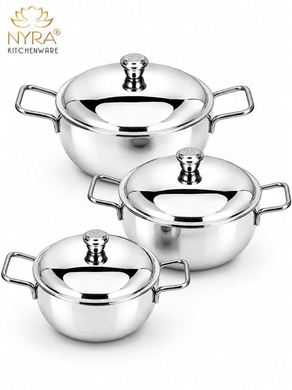 Stainless Steel Heavy Gauge Serving Vegetable Handi with Lid | Food Grade Mirror Finish - Kitchen Serving Bowl | Available in 650 ml, 1 L & 1.5 L